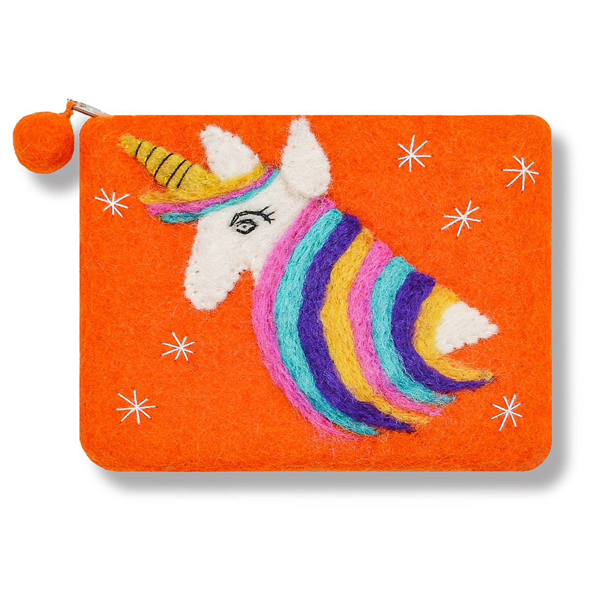 Unicorn Design Felted Coin Purse Orange