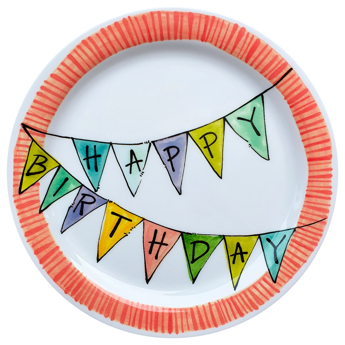 Happy Birthday Dinner Plate with Coral Edge
