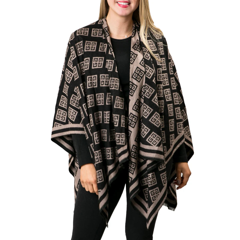 Reversible Greek Key Ruana Camel Black
