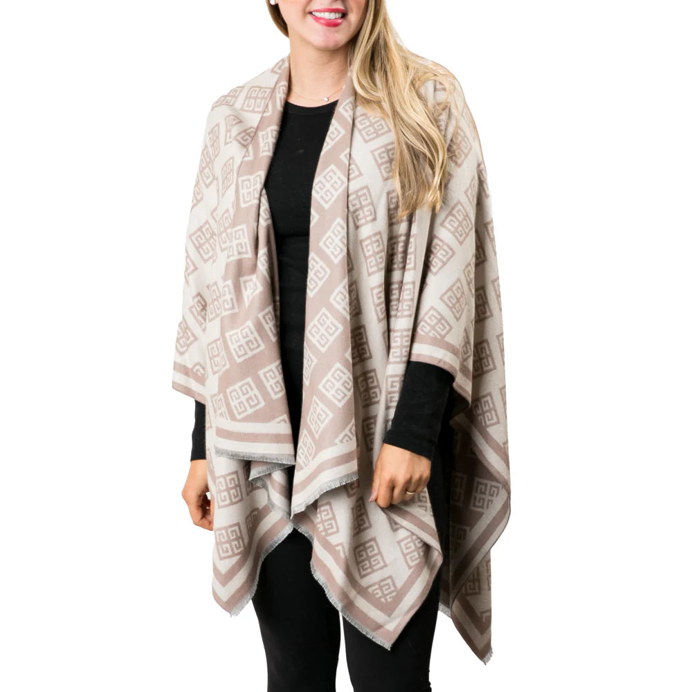 Reversible Greek Key Ruana Camel Cream