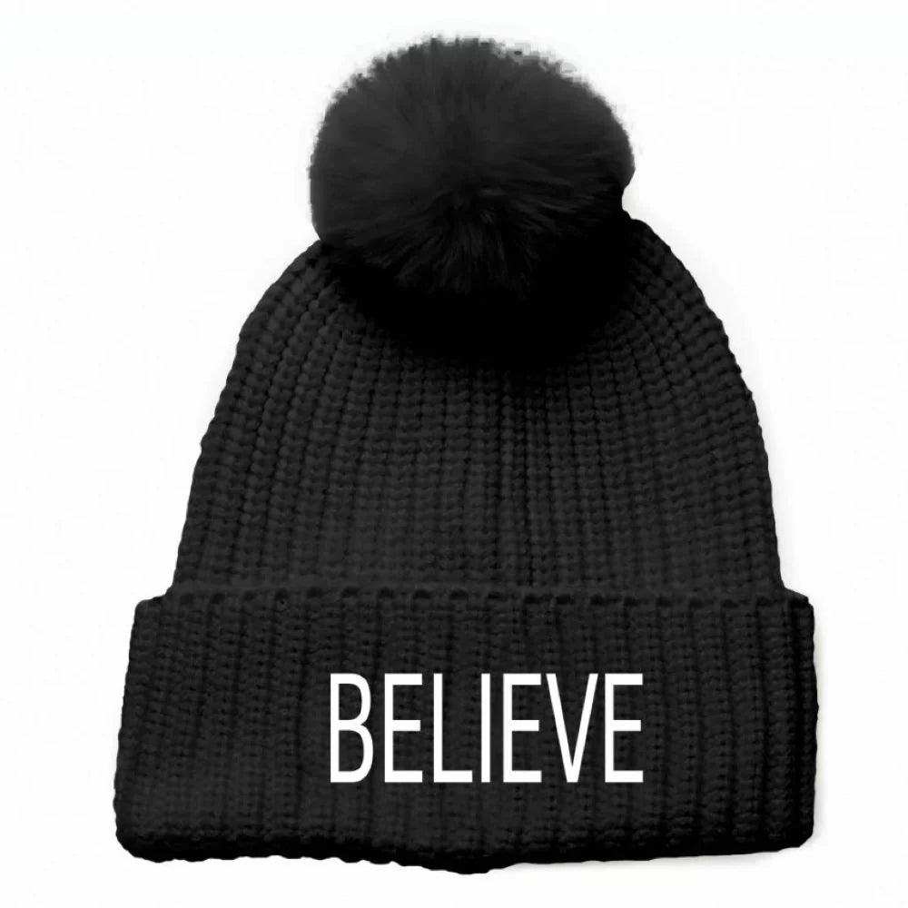 Black Beanie Hat with White Believe