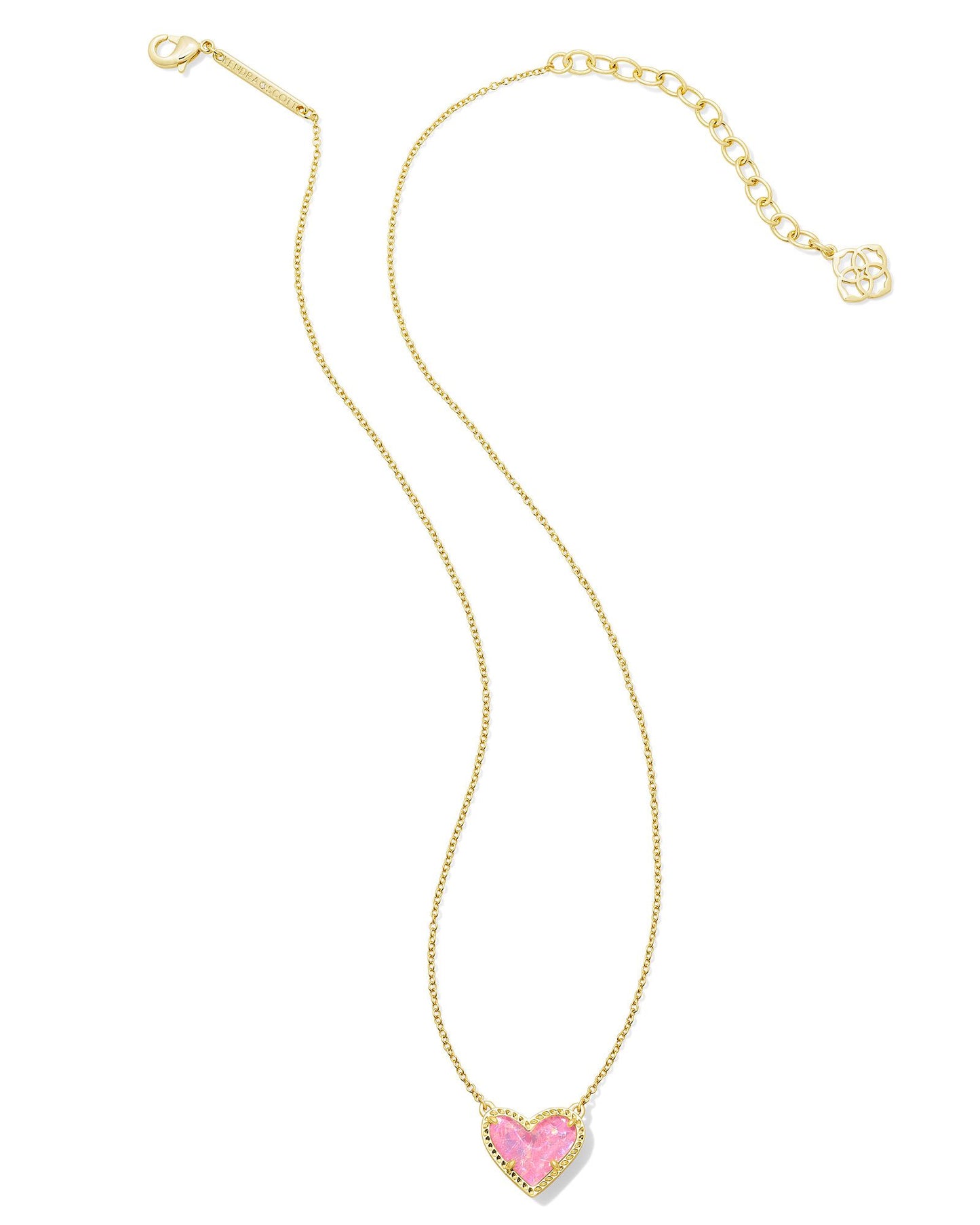 Ari Heart Short Pendant Necklace Gold Pink Iridescent Glitter Glass