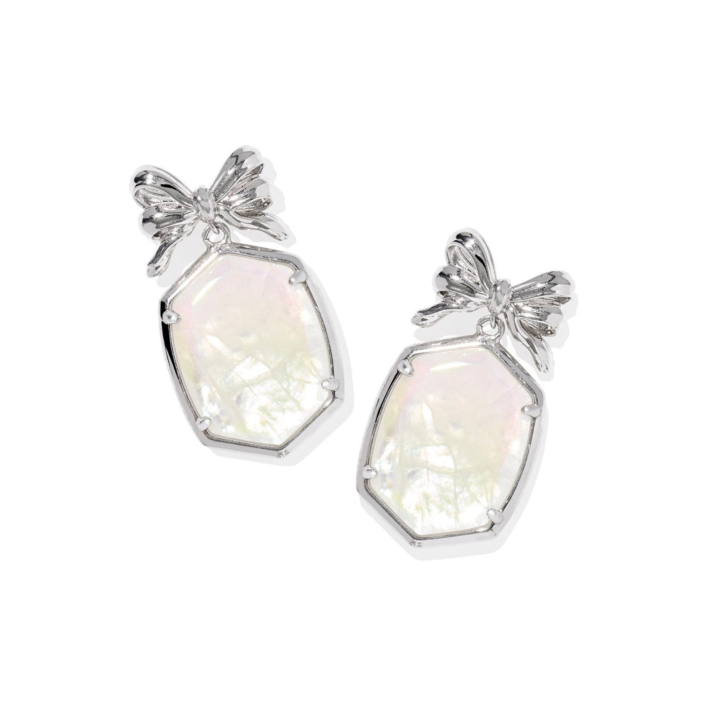Daphine Bow Drop Earrings Silver Iridescent Crystal Ivory Illusion