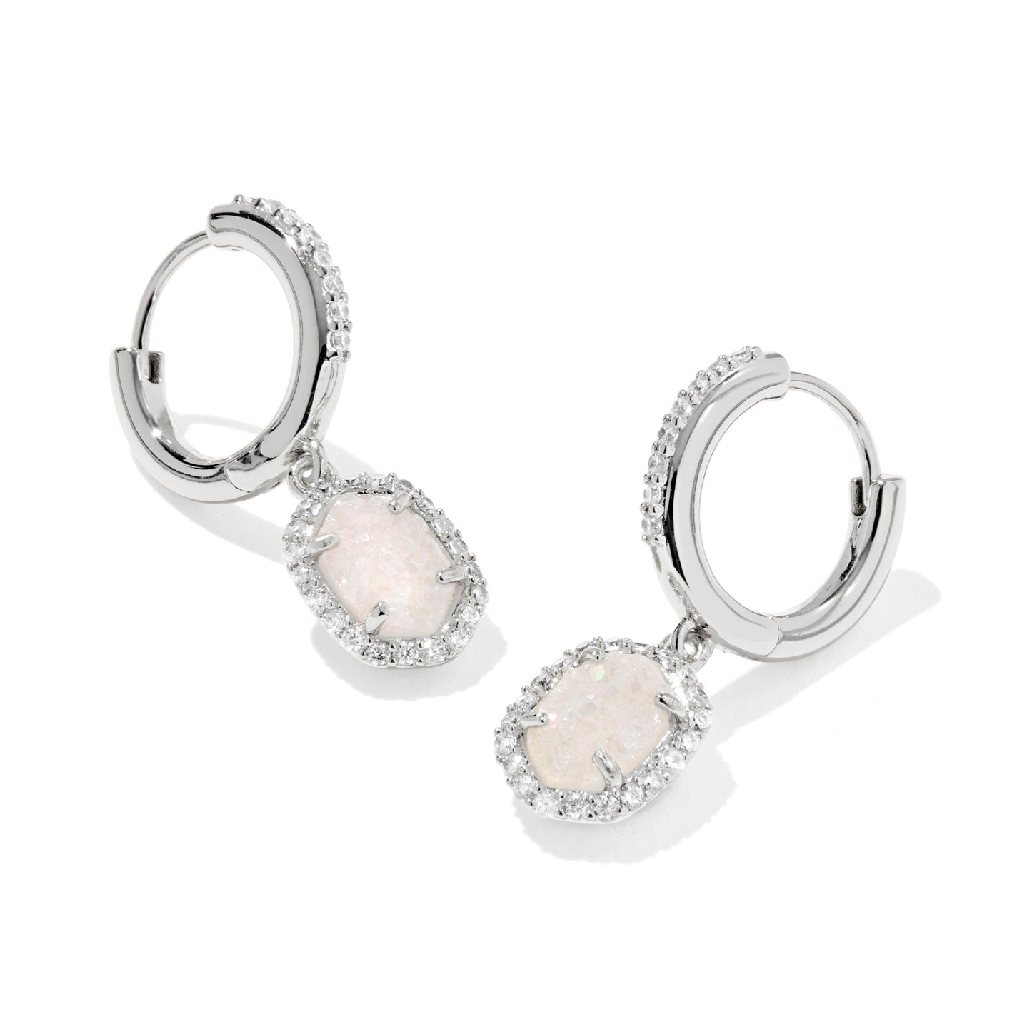 Daphine Crystal Frame Huggie Earrings Silver Iridescent Drusy