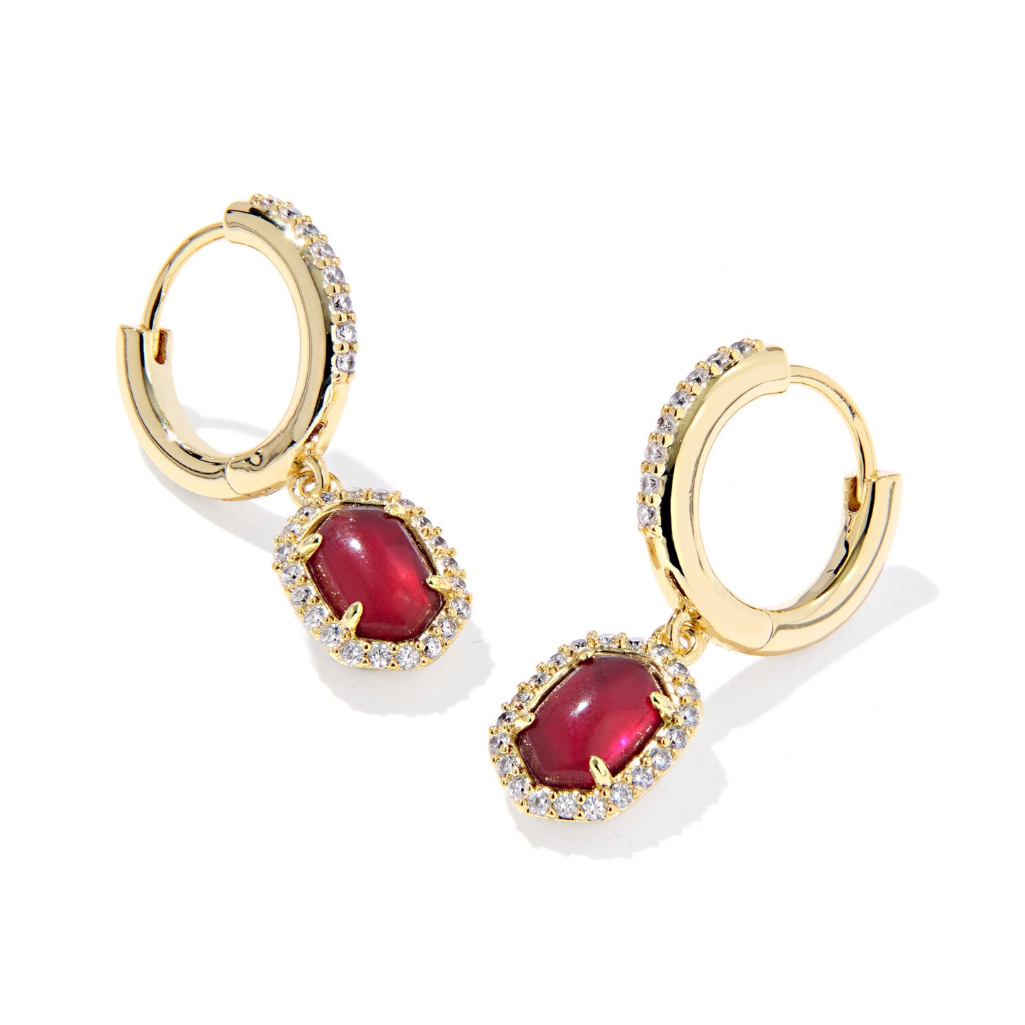 Daphine Crystal Frame Huggie Earrings Gold Dark Burgundy Illusion