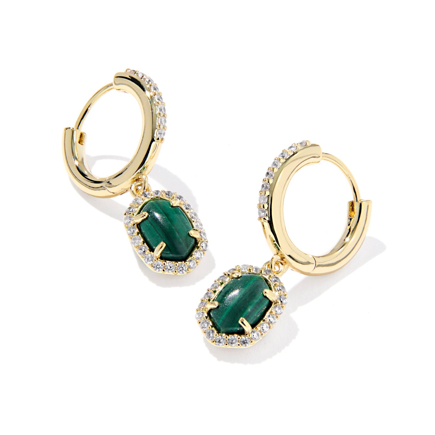 Daphine Crystal Frame Huggie Earrings Gold Green Malachite
