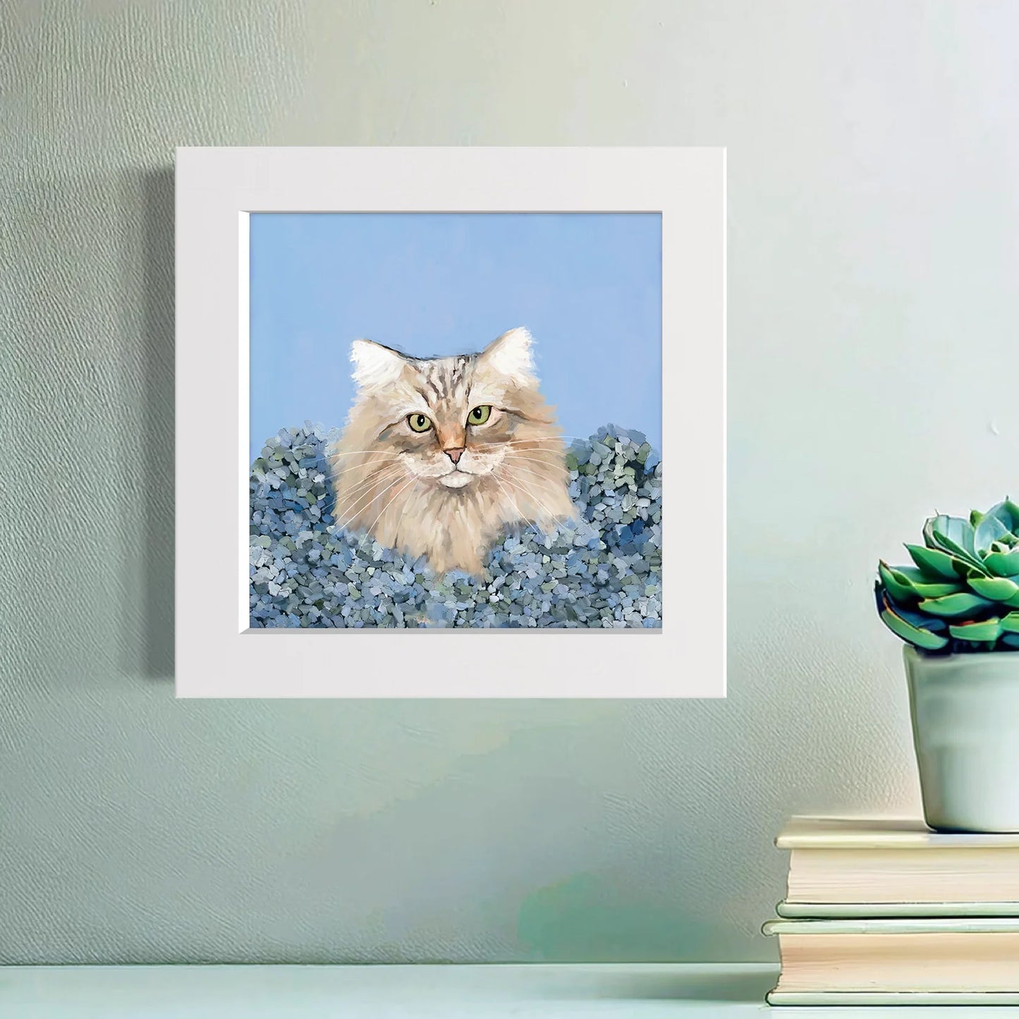Blue Hydrangea Cat Happy Square Art