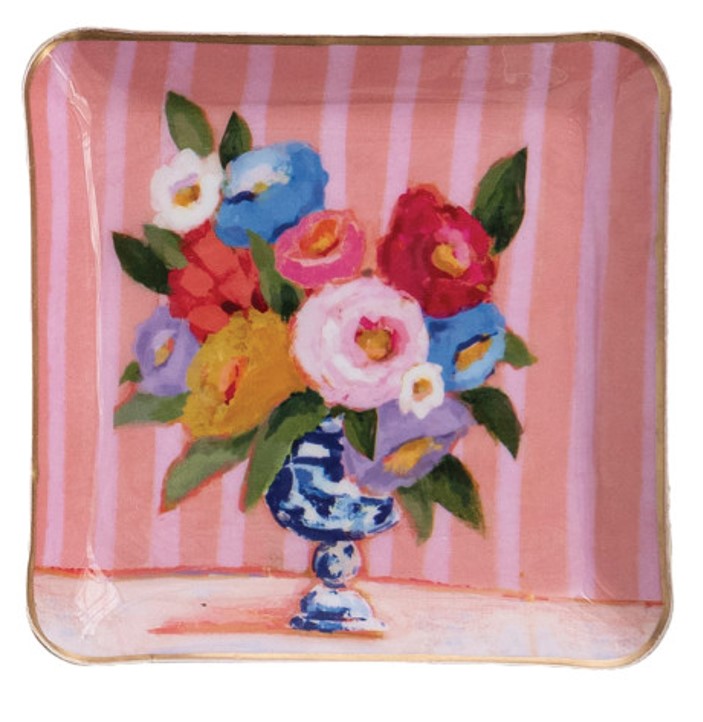Enameled Metal Tray with Flowers in Vase w/ Pink Stripes