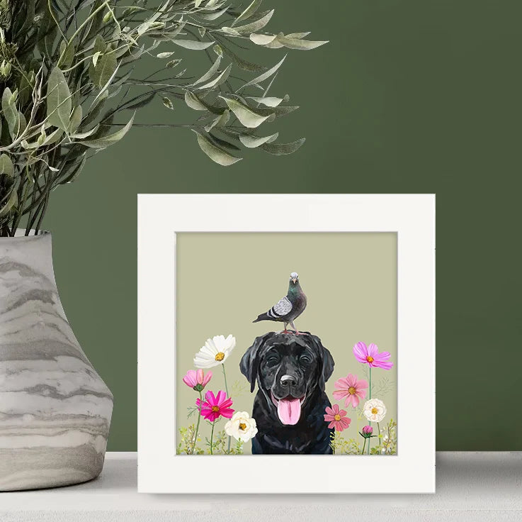 Dogs and Birds - Black Lab Happy Square Art