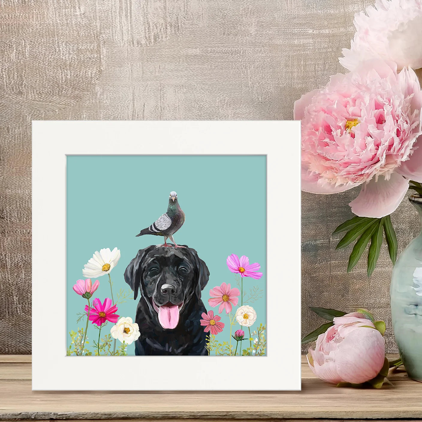 Dogs and Birds - Black Lab on Blue Happy Square Art