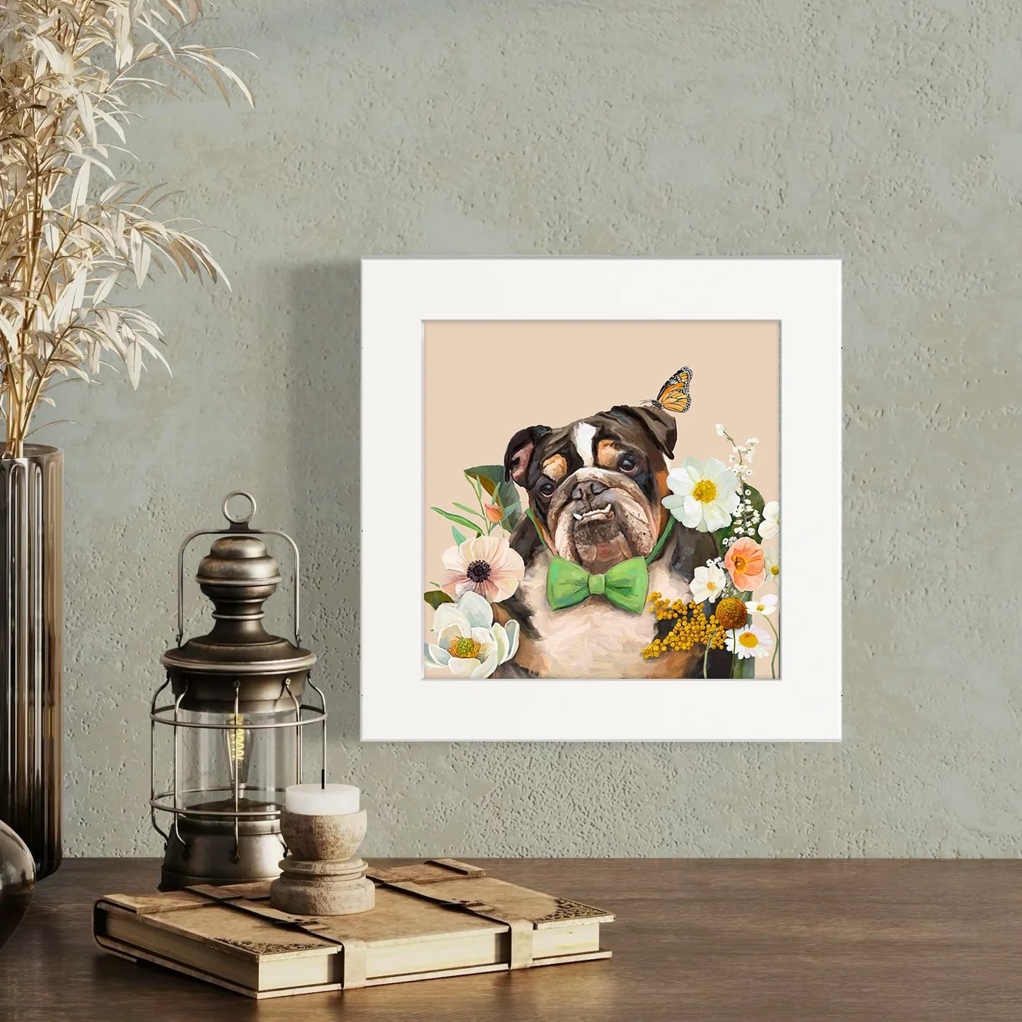 Floral Bulldog Happy Square Art