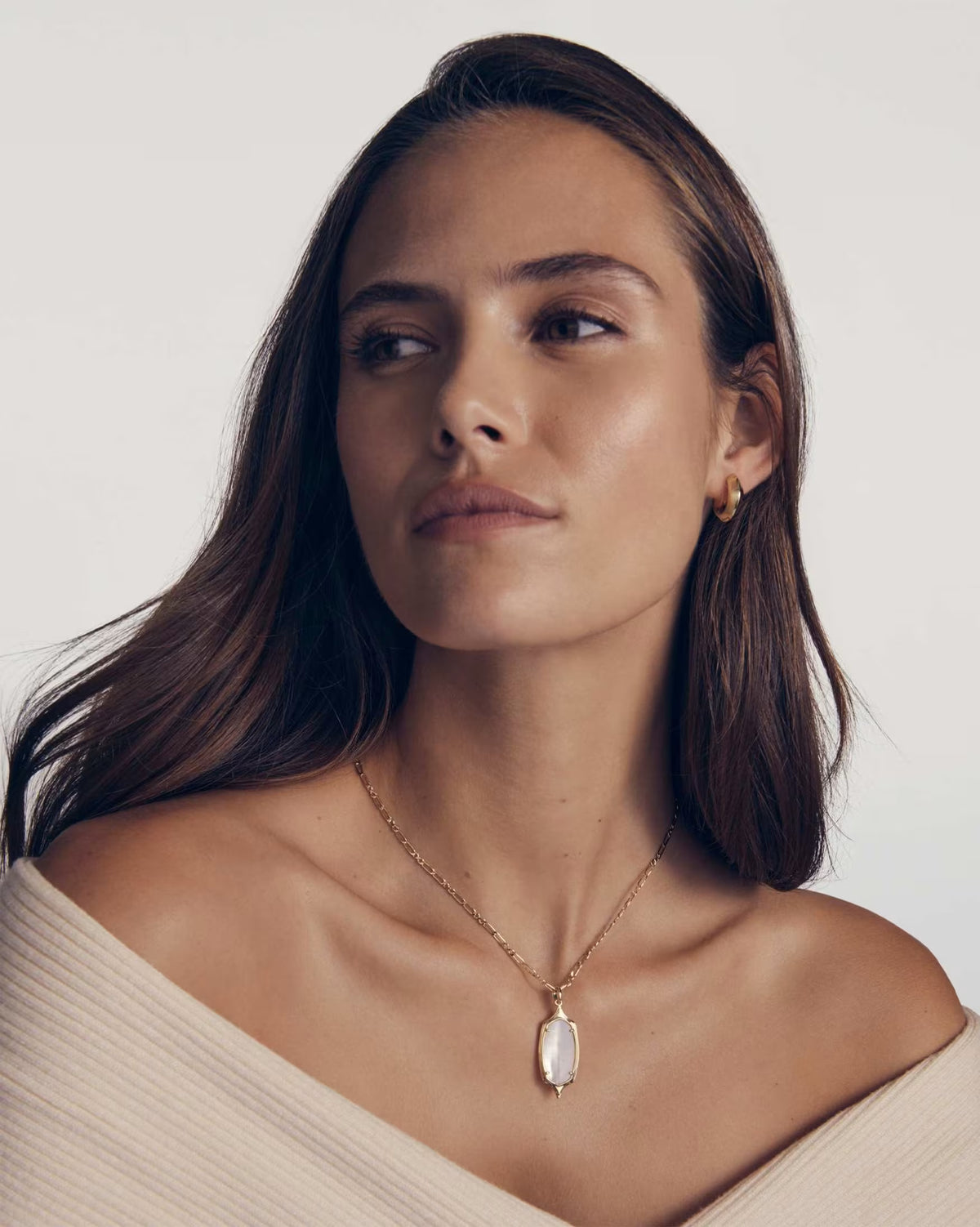 Dani Stepped Frame Long Pendant Necklace Gold Ivory Mother of Pearl