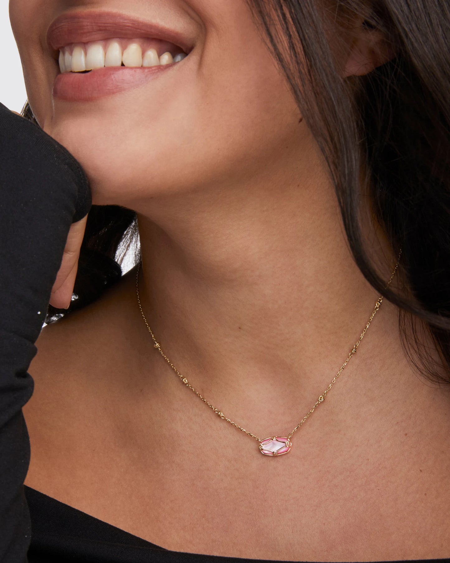 Elisa Lattice Frame Short Pendant Necklace Gold Blush Ivory Mother of Pearl