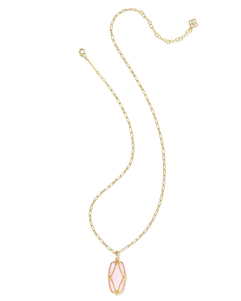 Elle Lattice Frame Long Pendant Necklace Gold Blush Ivory Mother of Pearl