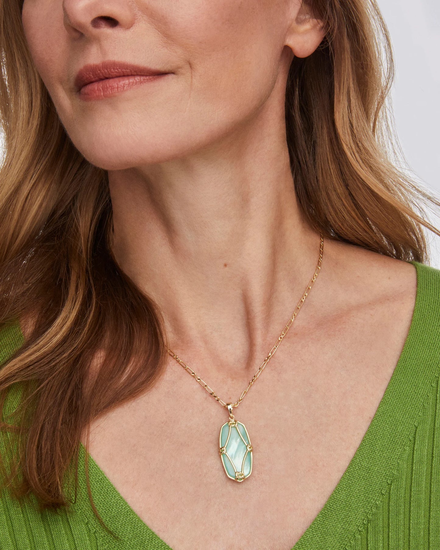 Elle Lattice Frame Long Pendant Necklace Gold Light Green Mother of Pearl