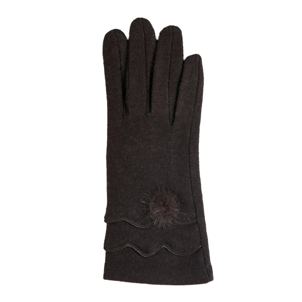 Cassidy Gloves Brown Scallop Edges with Faux Fur Pom