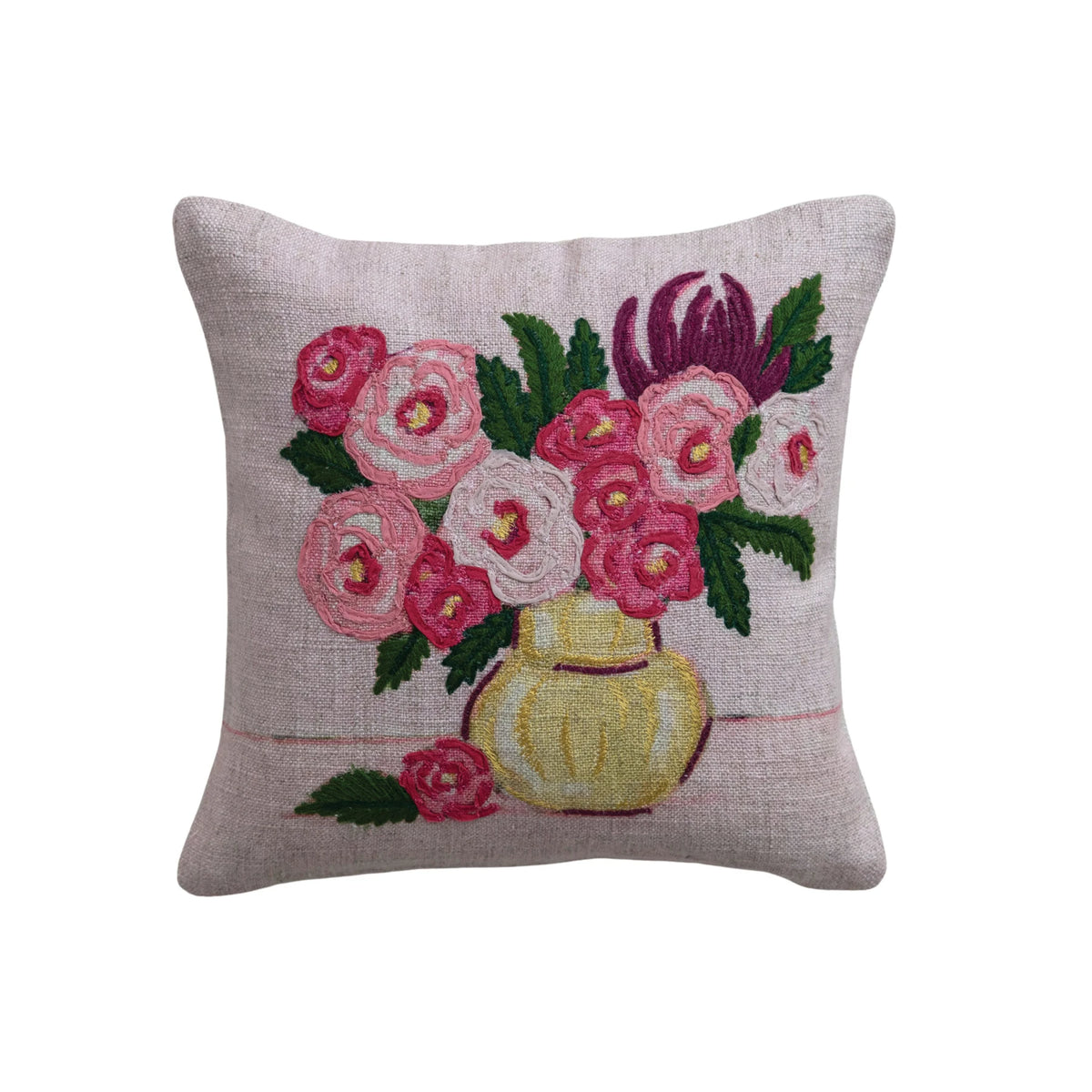 12" Square Fabric & Linen Printed Pillow with Embroidered Flowers ©