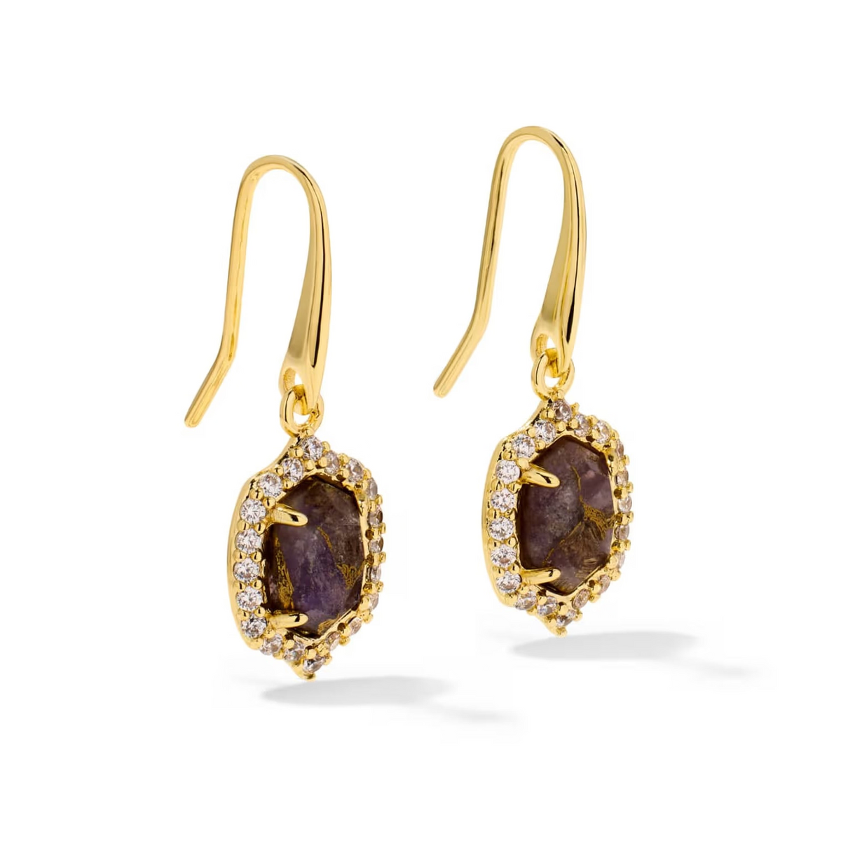 Daphne Crystal Frame Drop Earrings Gold Bronze Veined Purple Amethyst