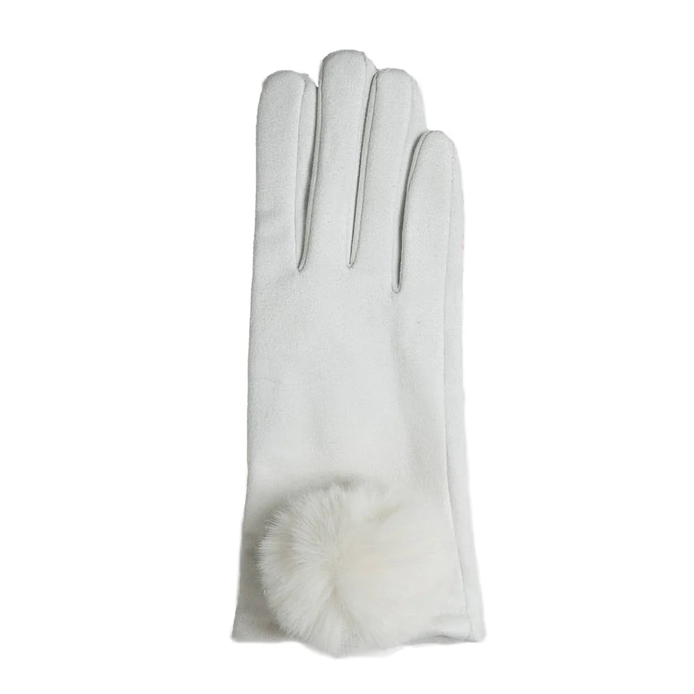 Mariah Glove White With Large Faux Fur Pom