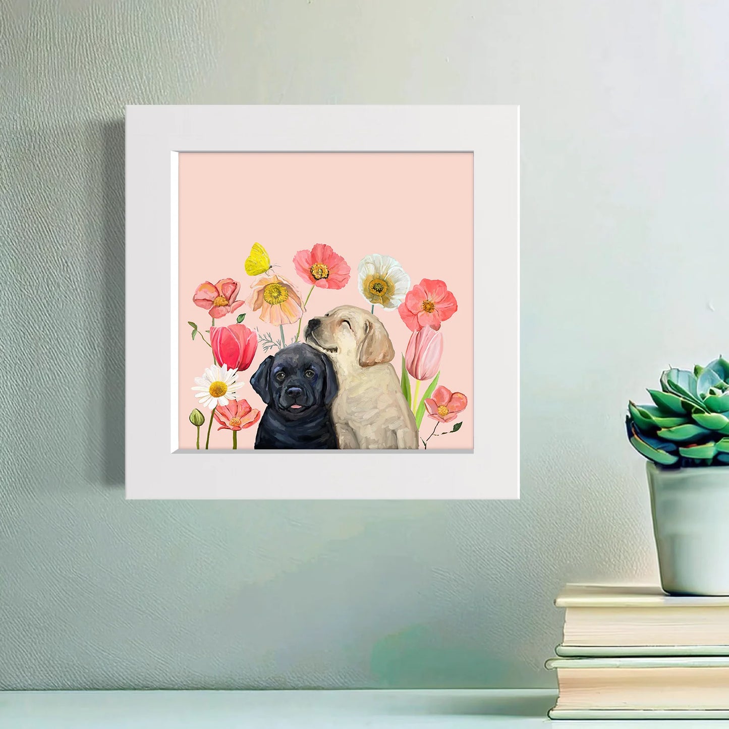 Pups and Bugs - Black and Yellow Labs Happy Square Art