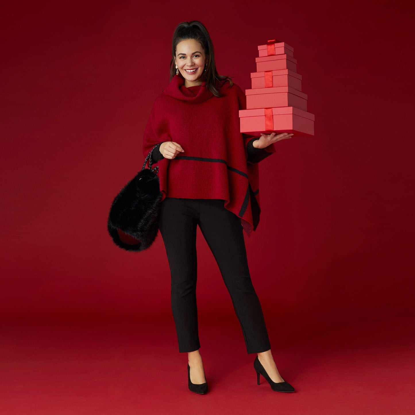 Sheldon Cowl Neck Poncho Red