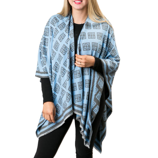 Reversible Greek Key Ruana Blue Gray
