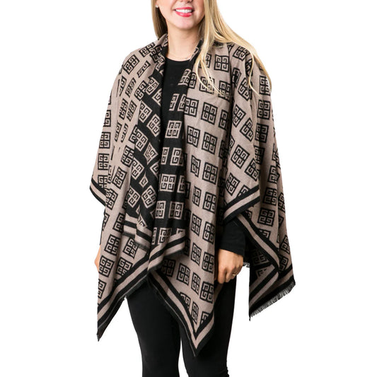 Reversible Greek Key Ruana Camel Black
