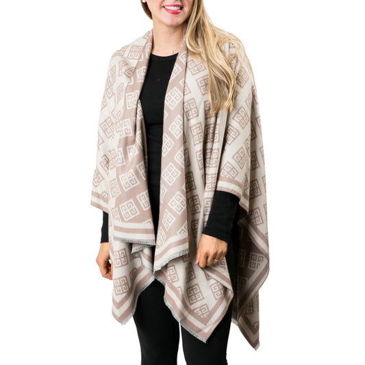 Reversible Greek Key Ruana Camel Cream