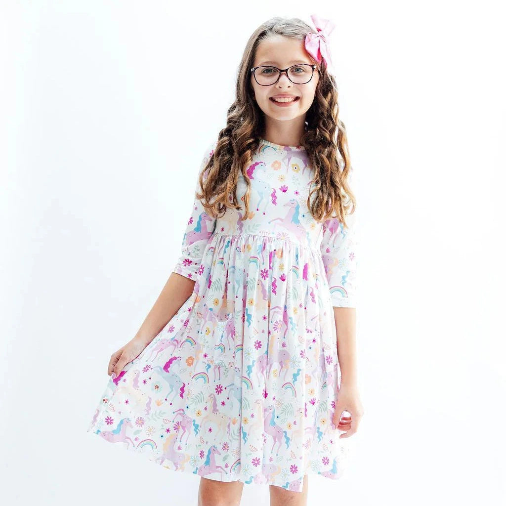 Rainbow Vibes 3/4 Sleeve Pocket Twirl Dress