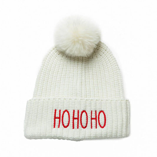 White Beanie Hat with Red Ho Ho Ho