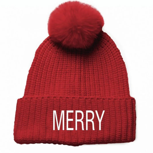 Red Beanie Hat with White Merry
