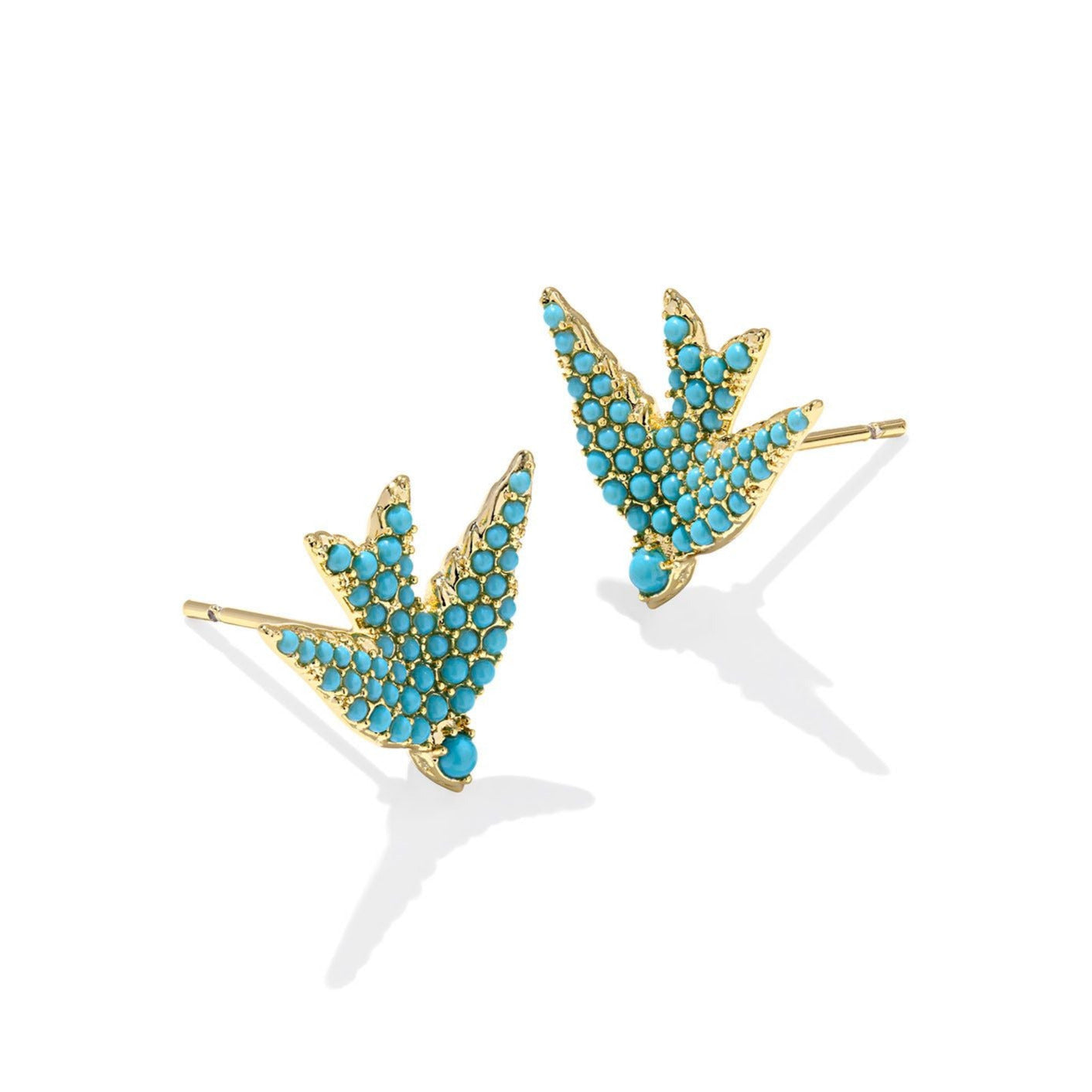 Melody Bird Gold Stud Earrings in Teal Crystal