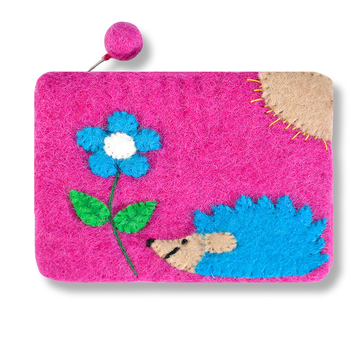 Hedgehog and Flower Felted Coin Purse Pink
