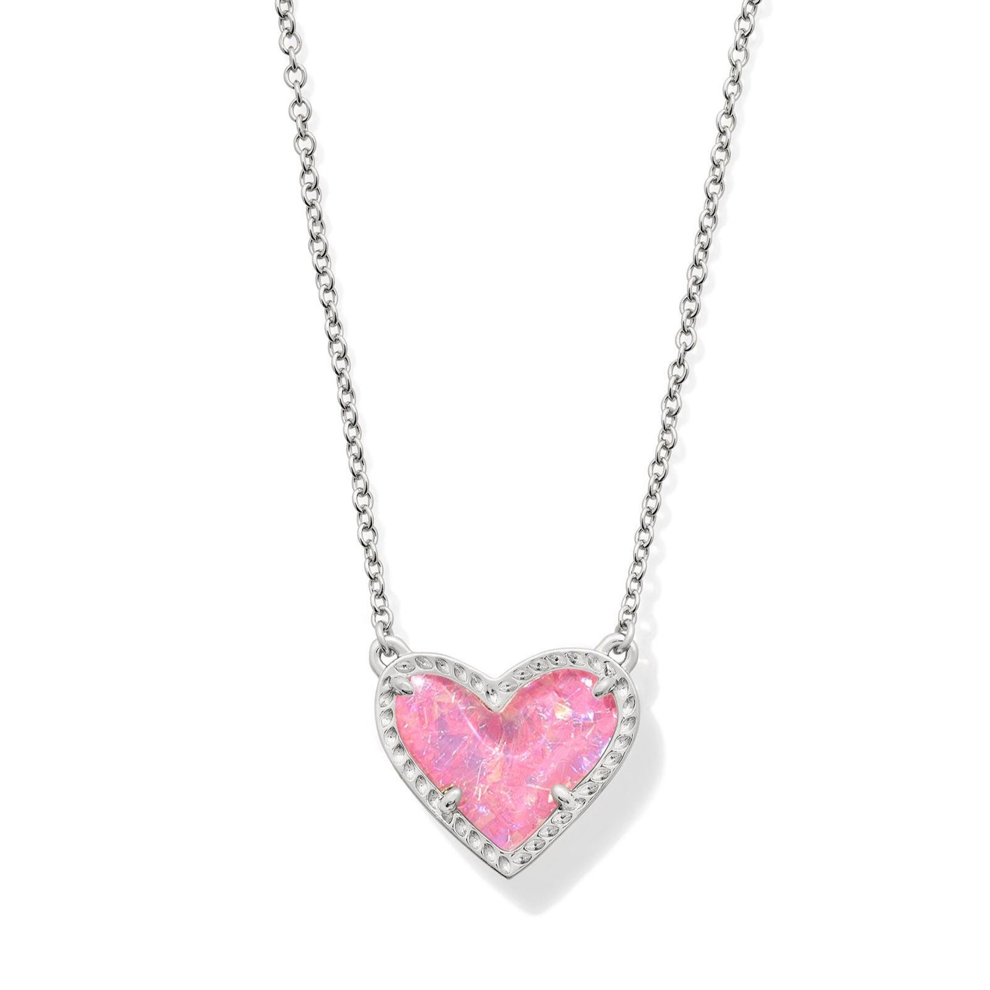 Ari Heart Short Pendant Necklace Silver Pink Iridescent Glitter Glass