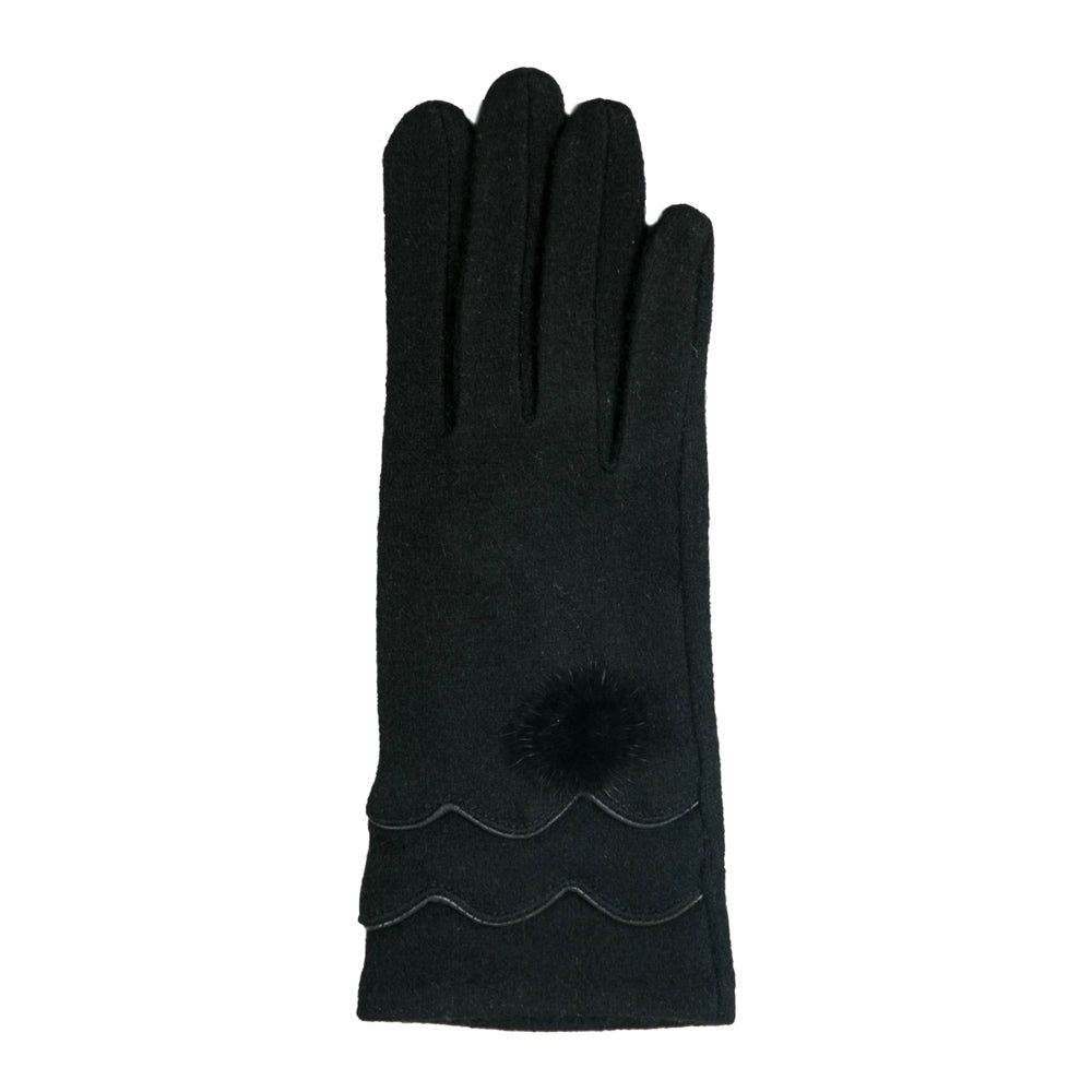 Cassidy Gloves Black Scallop Edges with Faux Fur Pom