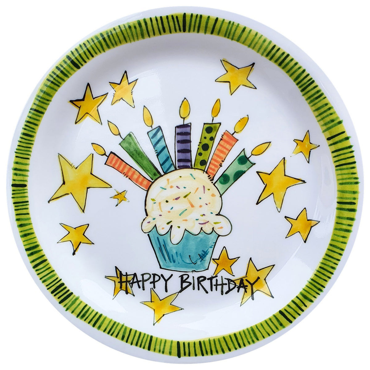 Happy Birthday Cupcake Plate with Green Edge