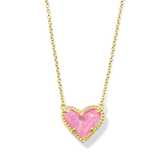 Ari Heart Short Pendant Necklace Gold Pink Iridescent Glitter Glass
