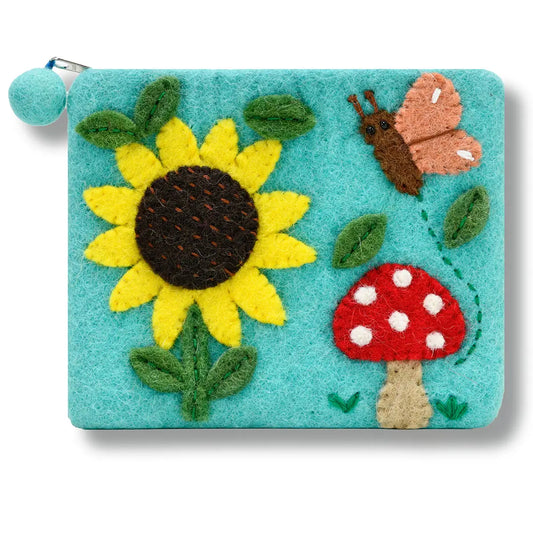 Garden Theme Felted Coin Purse Aqua