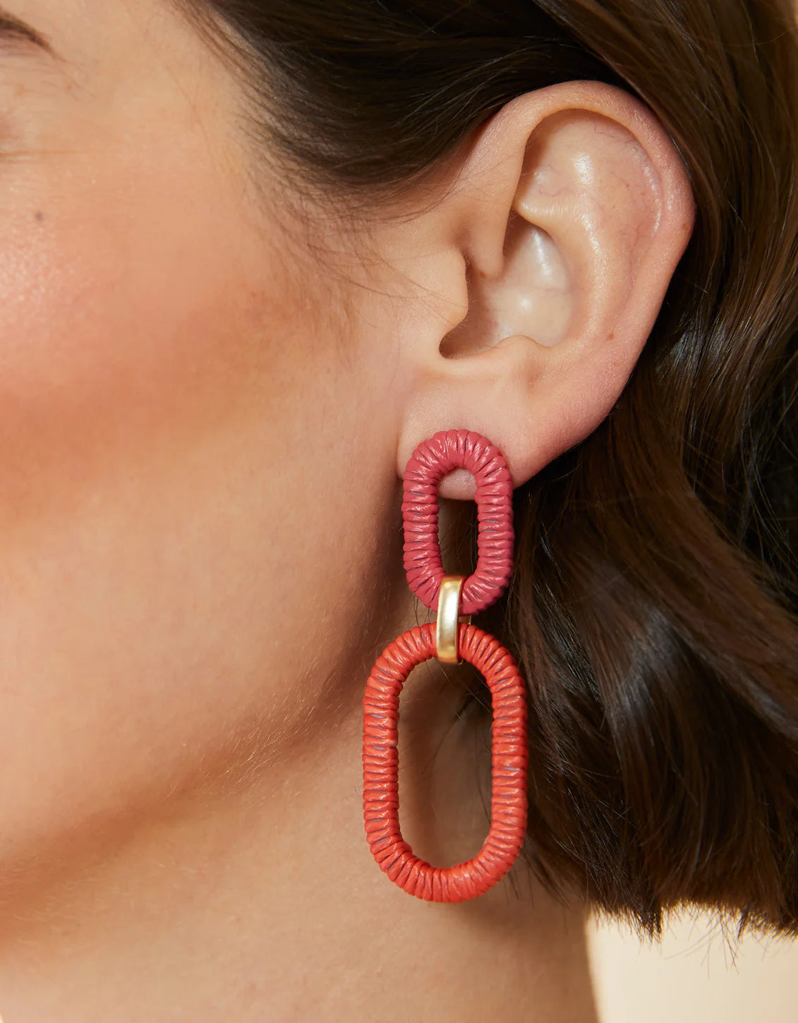 Straw Link Earrings Red Pink