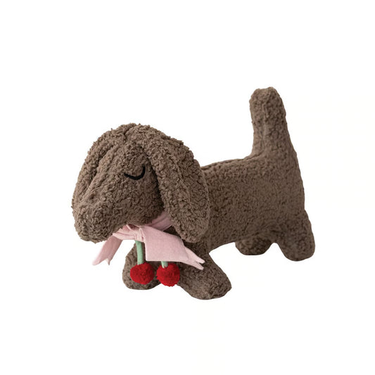 Faux Sherpa Dog Shaped Pillow Velvet Bow & Cherries