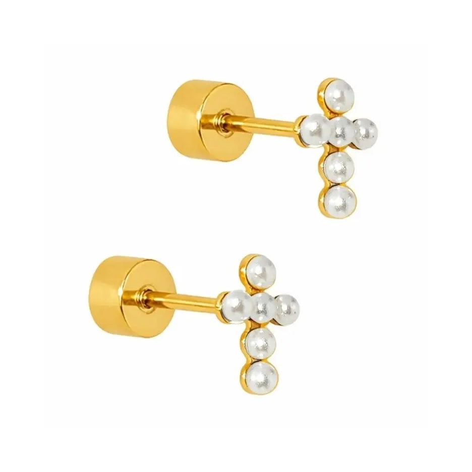 Clara Cross Pearl Screwback Stud Earrings