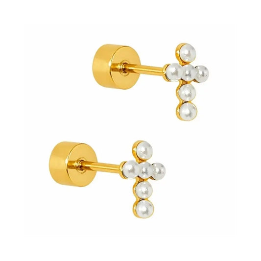 Clara Cross Pearl Screwback Stud Earrings