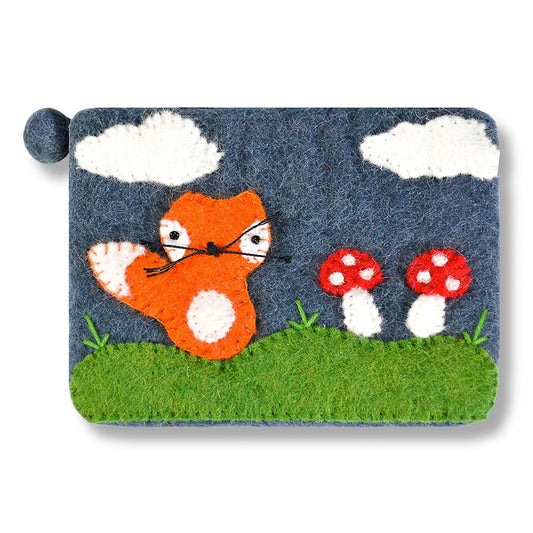 Fox and the Mushroom Felted Coin Purse Gray