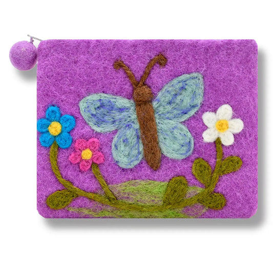 Butterfly with Flowers Felted Coin Purse Purple