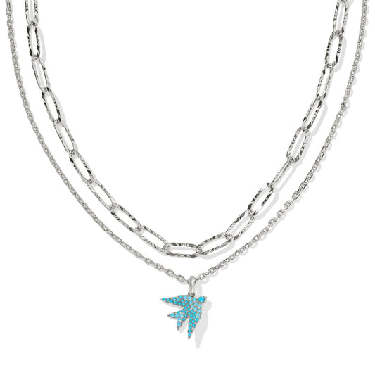 Melody Bird Multi Strand Necklace Silver Teal Crystal