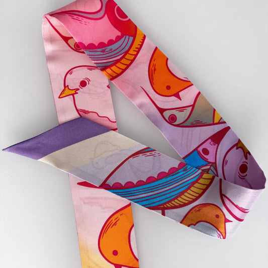 Rainbow Birdies Skinny Silk Scarf Rainbow Birdies
