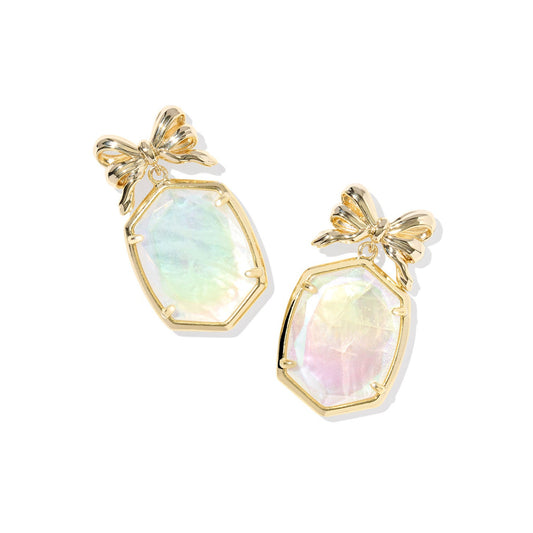 Daphine Bow Drop Earrings Gold Iridescent Crystal Ivory Illusion