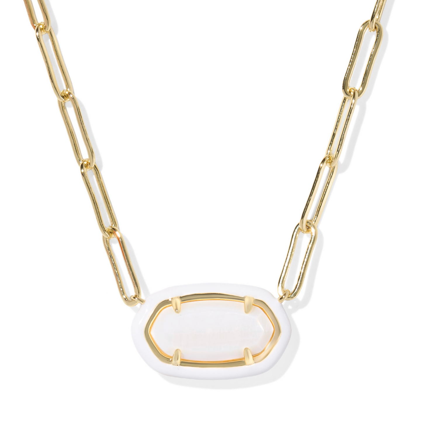 Elisa Enamel Frame Paperclip Necklace Gold White Mother of Pearl