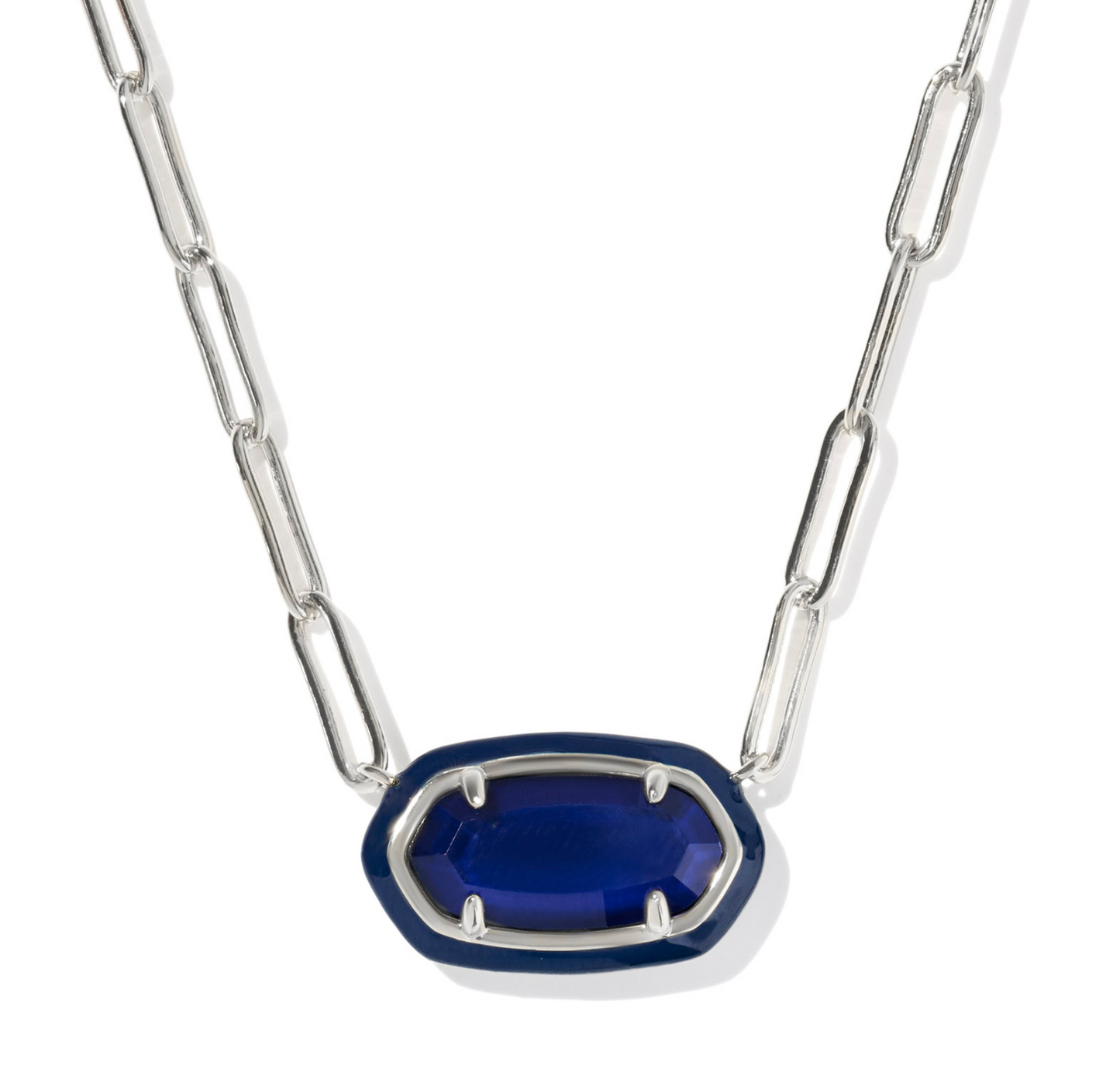 Elisa Enamel Frame Paperclip Necklace Silver Navy Mother of Pearl