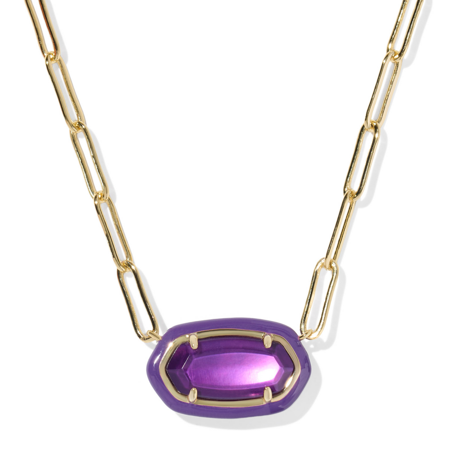 Elisa Enamel Frame Paperclip Necklace Gold Purple Mother of Pearl